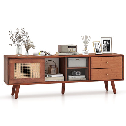 Bamboo TV Stand with Rattan and Glass Doors for TVs up to 65 Inches - Brown