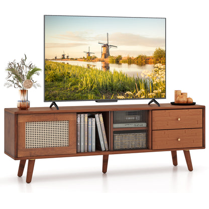 Bamboo TV Stand with Rattan and Glass Doors for TVs up to 65 Inches - Brown