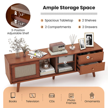 Bamboo TV Stand with Rattan and Glass Doors for TVs up to 65 Inches - Brown