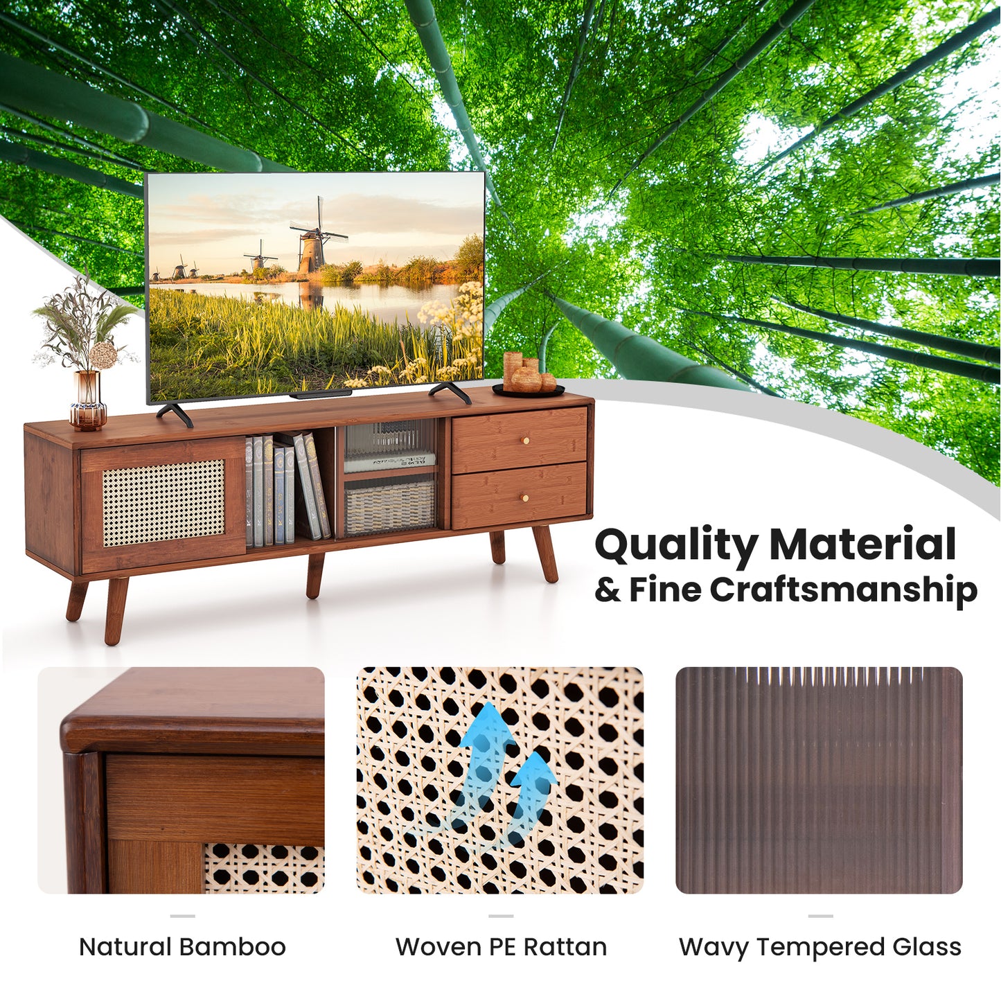 Bamboo TV Stand with Rattan and Glass Doors for TVs up to 65 Inches - Brown
