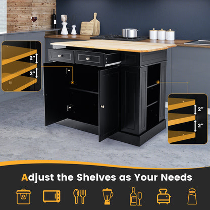 Space-Saving Kitchen Island with Storage Cabinets and Adjustable Shelves - Black