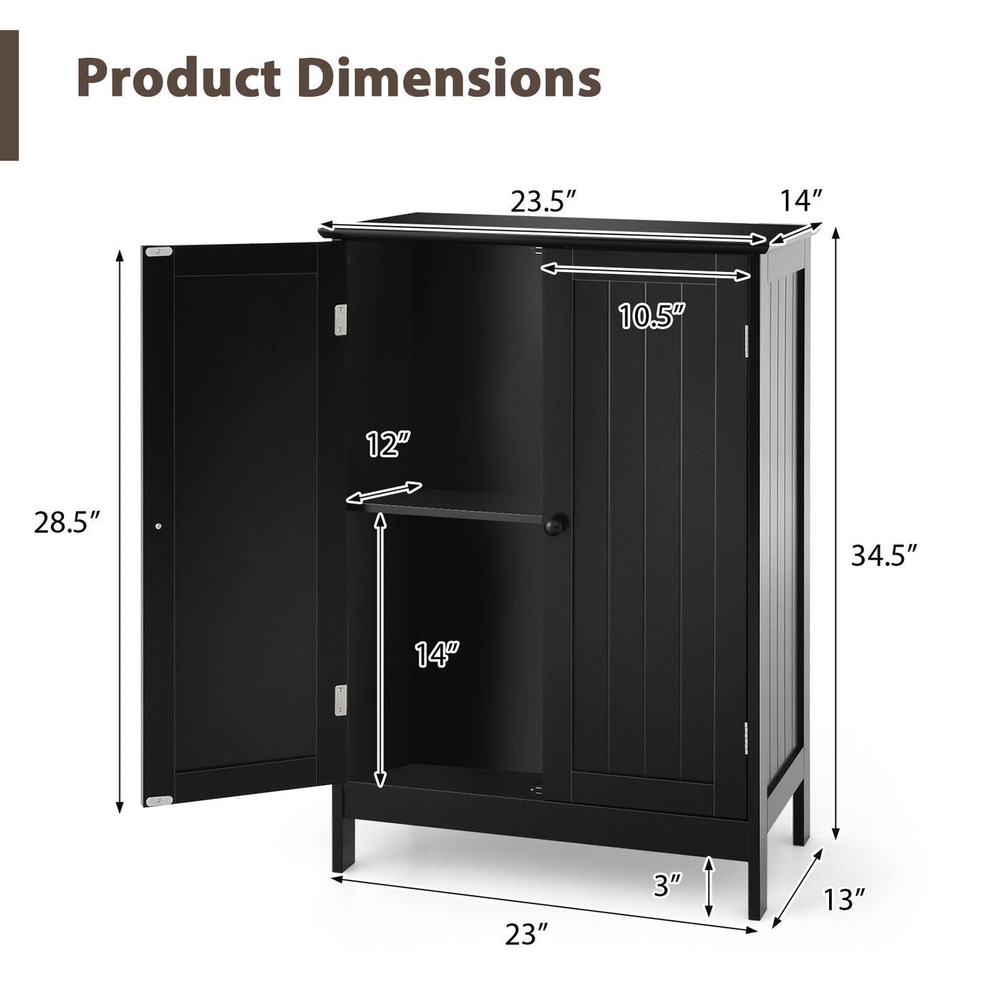 Modern Bathroom Floor Storage Cabinet with Double Doors & Adjustable Shelves