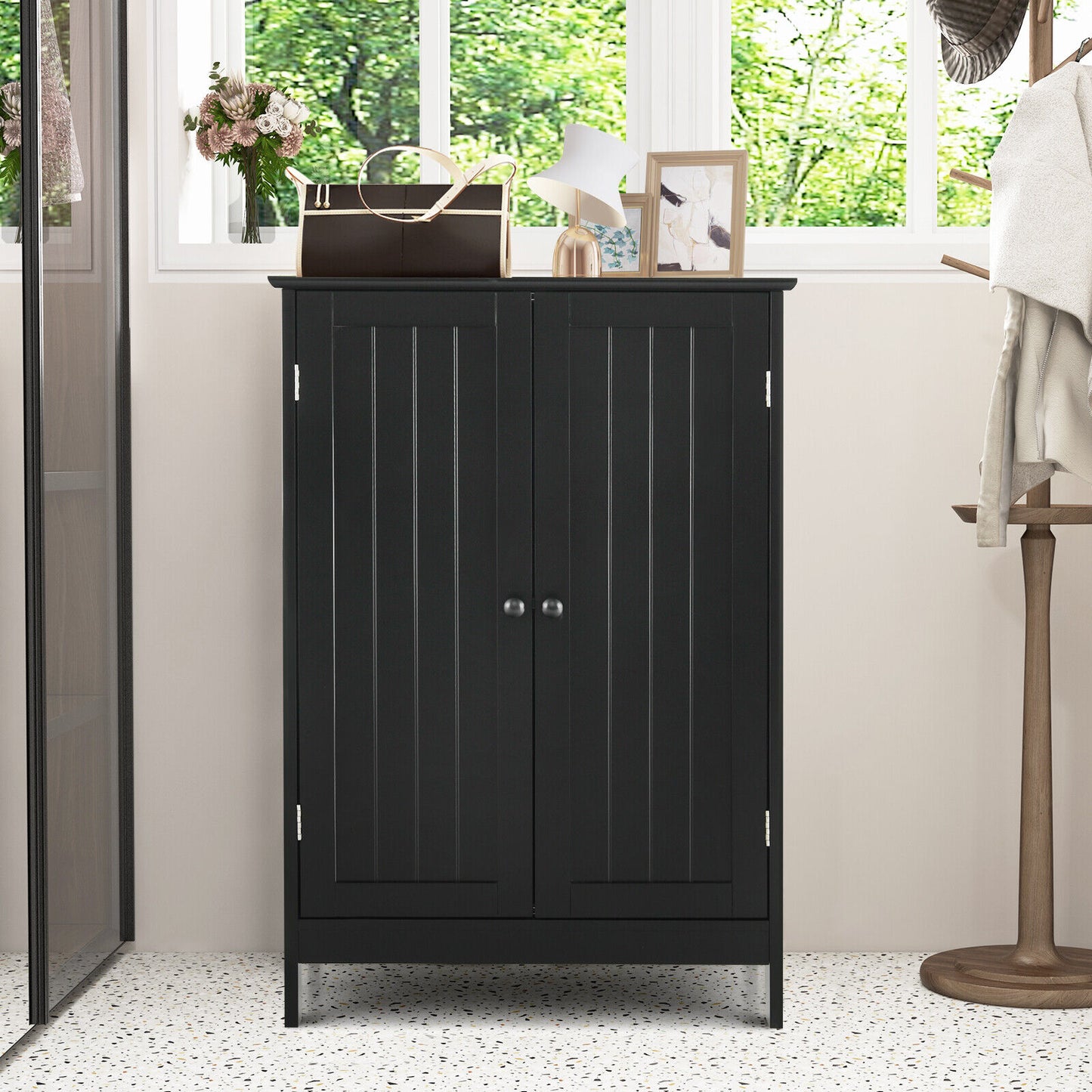 Modern Bathroom Floor Storage Cabinet with Double Doors & Adjustable Shelves