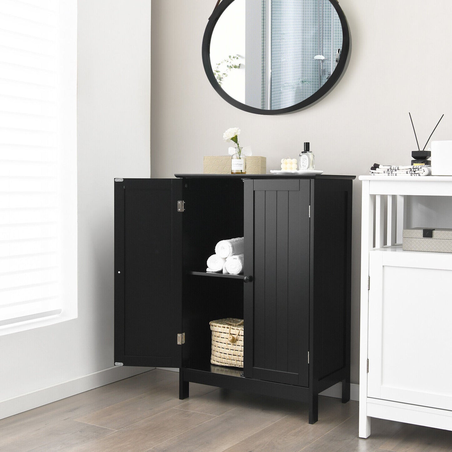 Modern Bathroom Floor Storage Cabinet with Double Doors & Adjustable Shelves