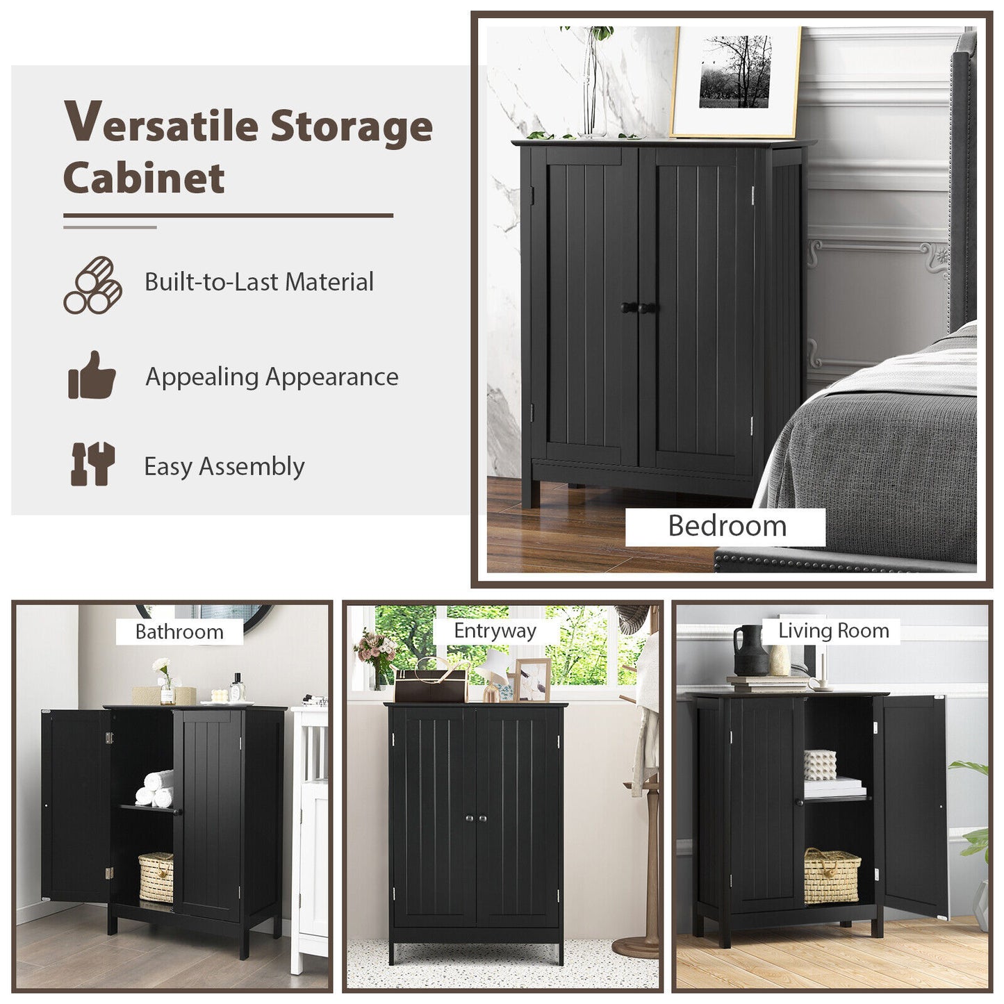 Modern Bathroom Floor Storage Cabinet with Double Doors & Adjustable Shelves