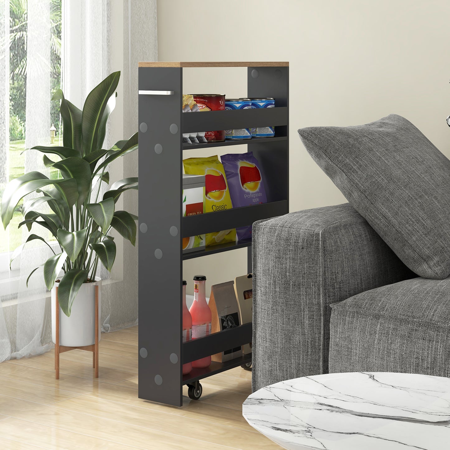 Slim Rolling Kitchen Storage Cart with Mobile Shelves and Handle - Grey