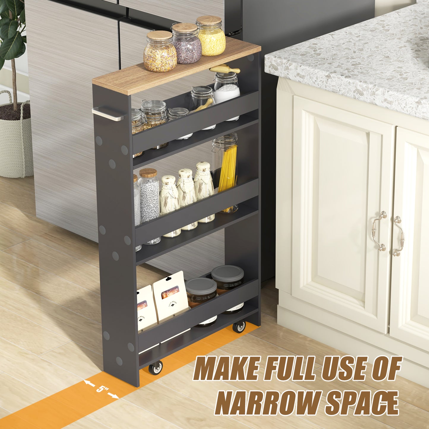Slim Rolling Kitchen Storage Cart with Mobile Shelves and Handle - Grey