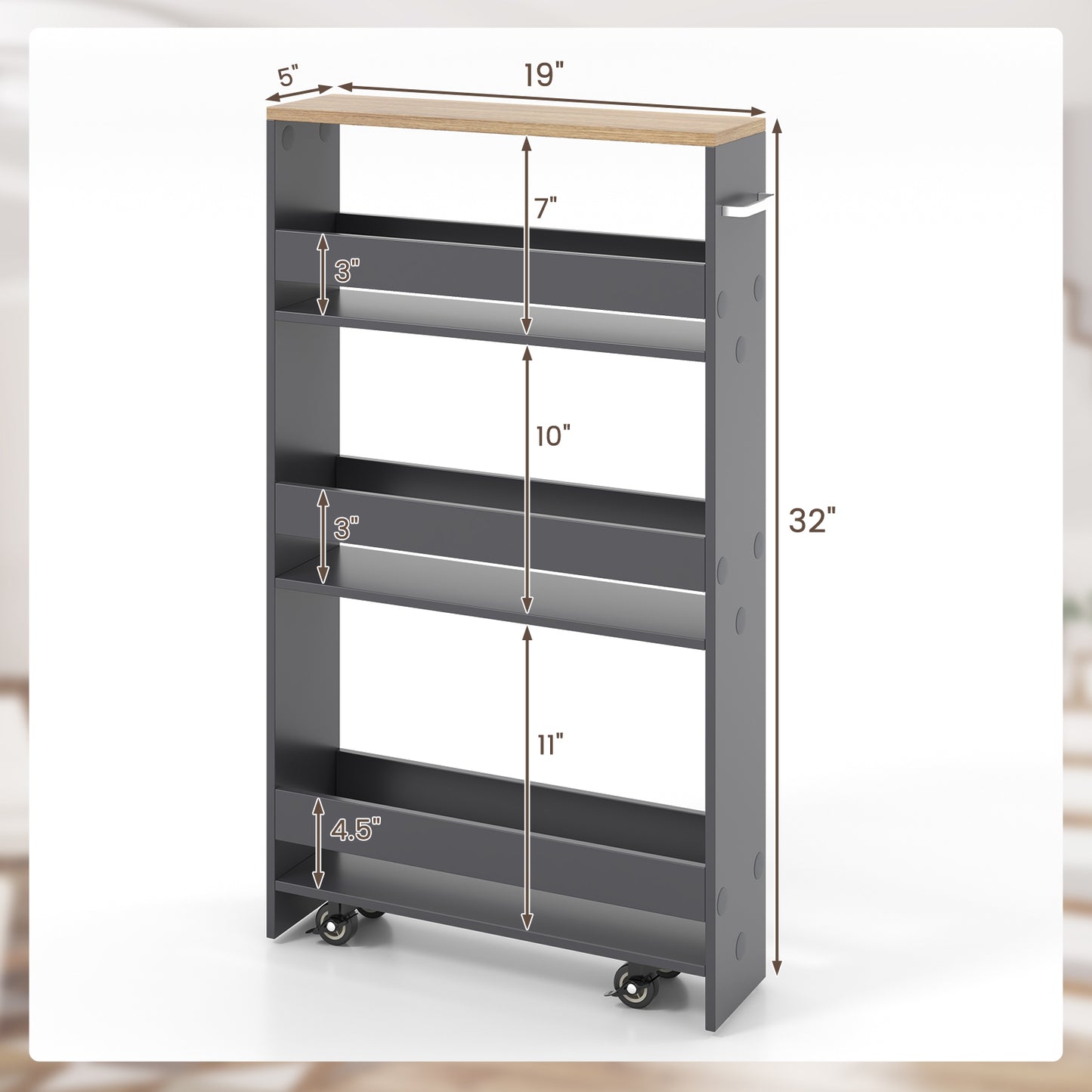 Slim Rolling Kitchen Storage Cart with Mobile Shelves and Handle - Grey