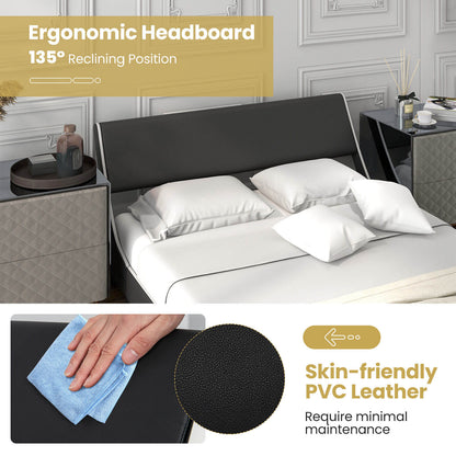 Low Profile Upholstered Faux Leather Platform Bed with Curved Headboard – Full Size