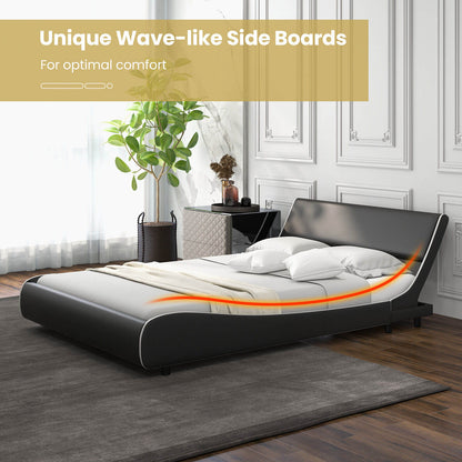 Low Profile Upholstered Faux Leather Platform Bed with Curved Headboard – Full Size