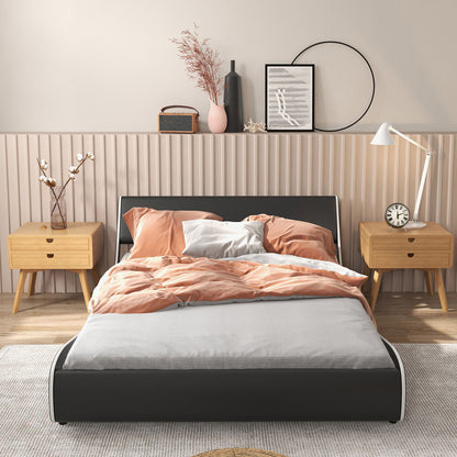 Low Profile Upholstered Faux Leather Platform Bed with Curved Headboard – Full Size