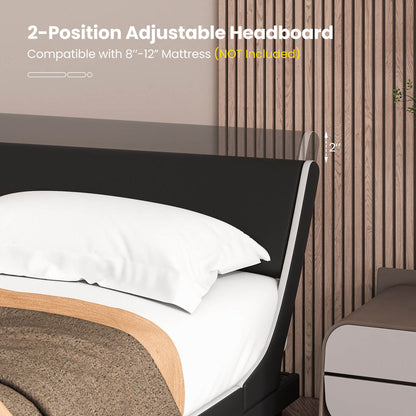Low Profile Upholstered Faux Leather Platform Bed with Curved Headboard – King Size