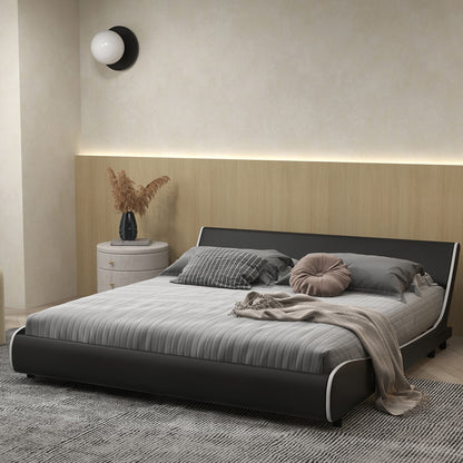 Low Profile Upholstered Faux Leather Platform Bed with Curved Headboard – King Size