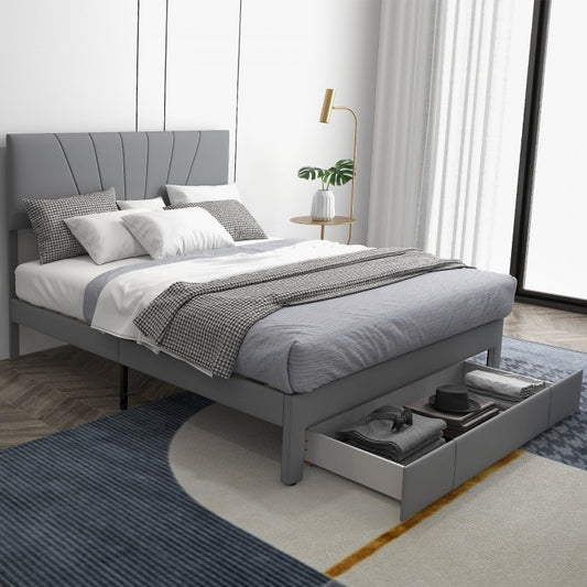 Elegant Upholstered Bed Frame with Storage Drawer and Adjustable Headboard - Full/Queen Size