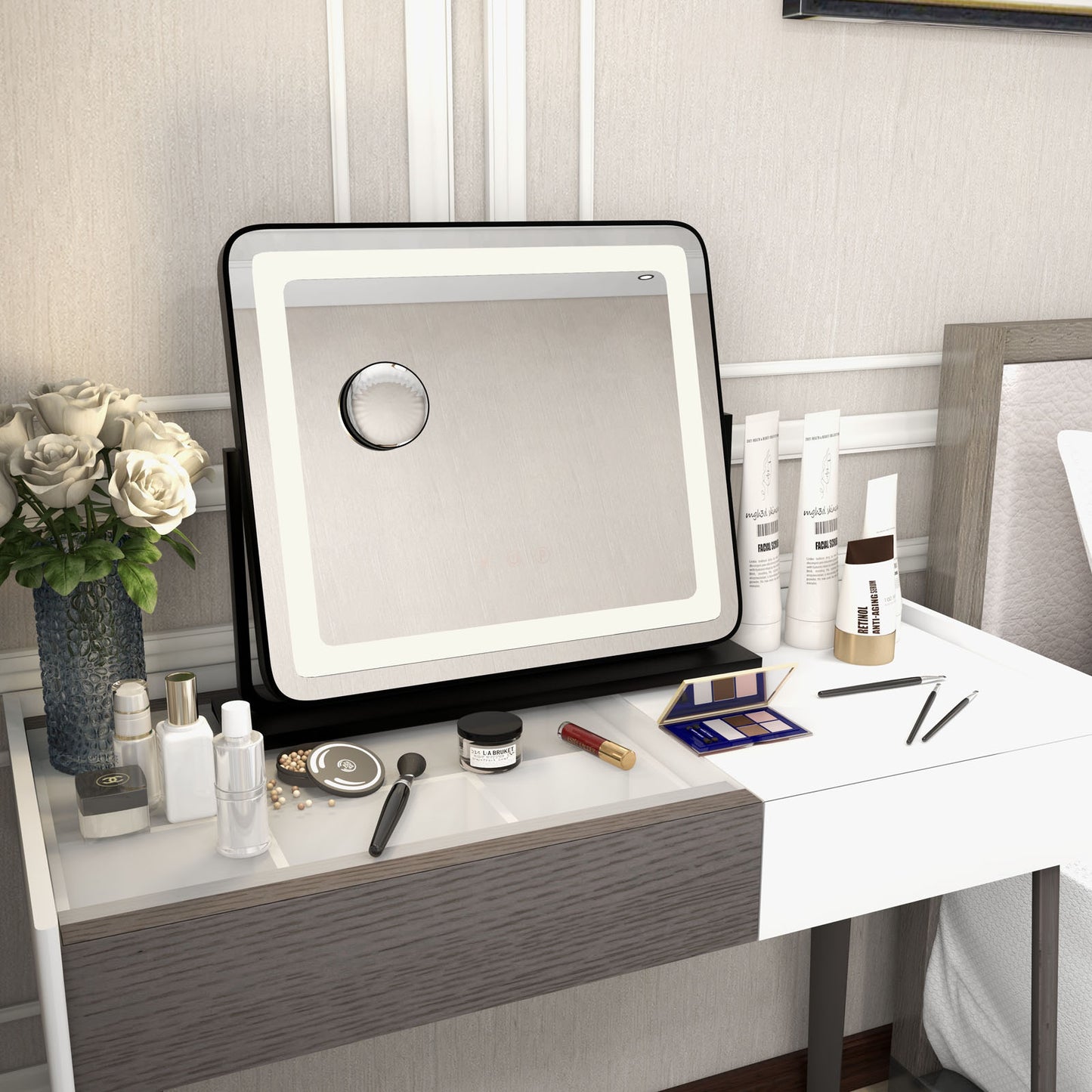 LED Vanity Makeup Mirror with 360° Rotation, 3 Color Lighting Modes & Touch Control