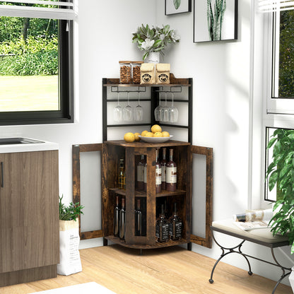Freestanding Corner Bar Cabinet with Wine Glass Rack and Adjustable Storage Shelf - Rustic Brown