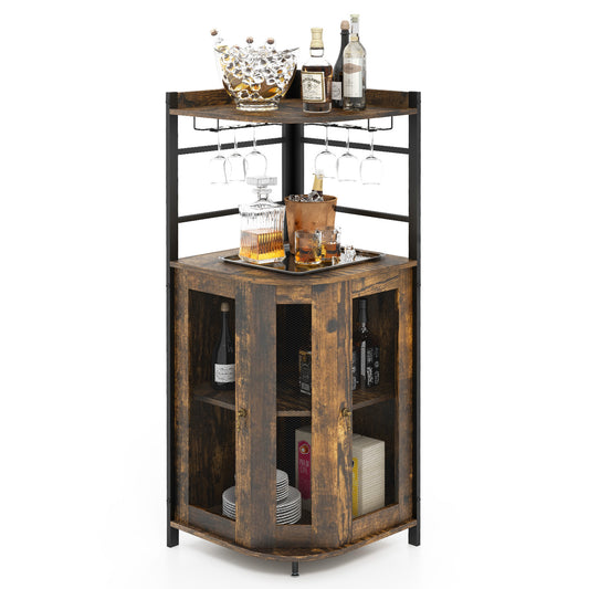 Freestanding Corner Bar Cabinet with Wine Glass Rack and Adjustable Storage Shelf - Rustic Brown
