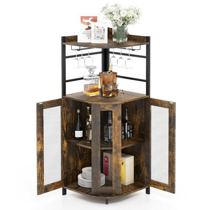 Freestanding Corner Bar Cabinet with Wine Glass Rack and Adjustable Storage Shelf - Rustic Brown