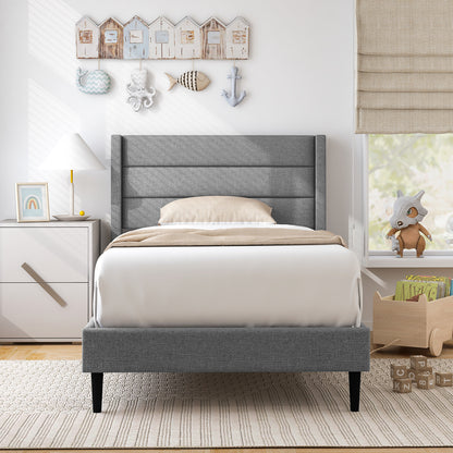 Stylish Linen Upholstered Platform Bed Frame with Wingback Headboard - Twin Size