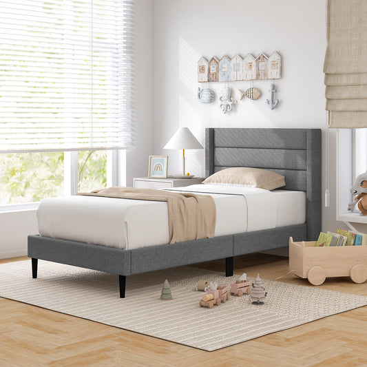 Stylish Linen Upholstered Platform Bed Frame with Wingback Headboard - Twin Size