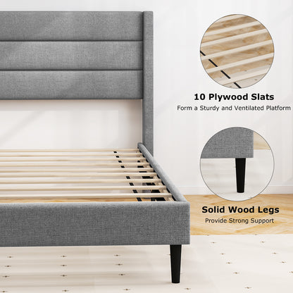 Stylish Linen Upholstered Platform Bed Frame with Wingback Headboard - Twin Size