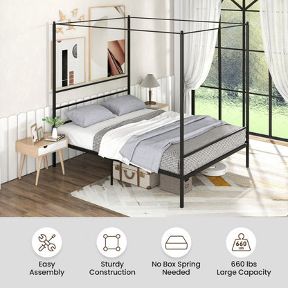 Elegant Metal Canopy Bed Frame with Slat Support – Queen Size