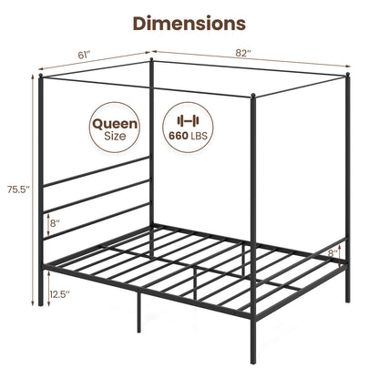 Elegant Metal Canopy Bed Frame with Slat Support – Queen Size