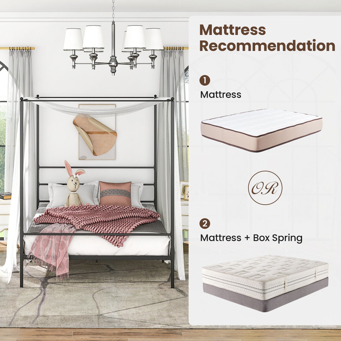 Elegant Metal Canopy Bed Frame with Slat Support – Queen Size