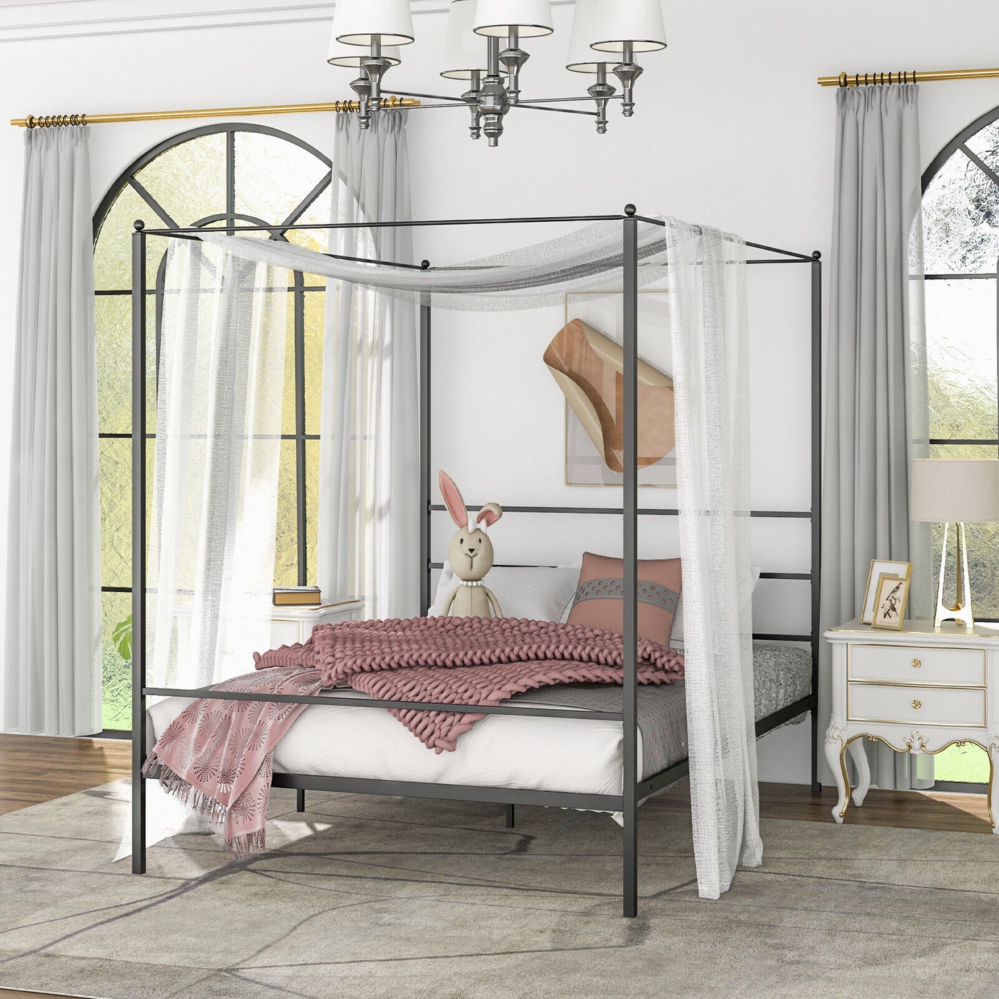 Elegant Metal Canopy Bed Frame with Slat Support – Queen Size