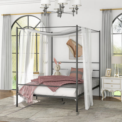 Elegant Metal Canopy Bed Frame with Slat Support – Queen Size