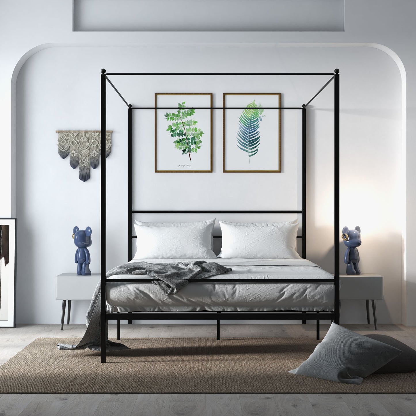 Elegant Metal Canopy Bed Frame with Slat Support – Queen Size