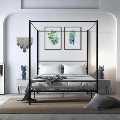 Elegant Metal Canopy Bed Frame with Slat Support – Queen Size