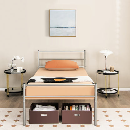 Modern Twin Size Metal Platform Bed Frame with Stylish Headboard – Silver