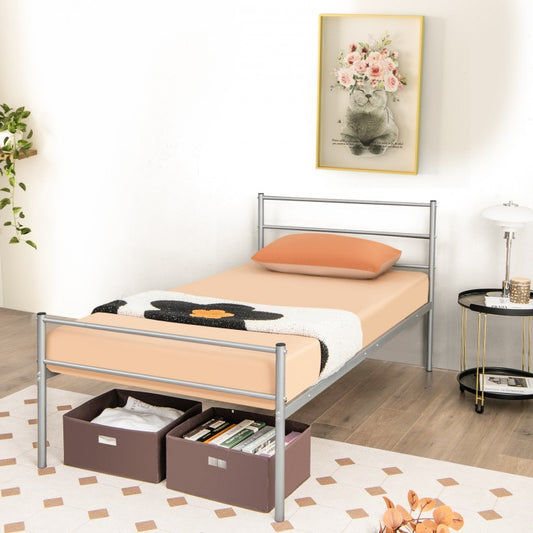 Modern Twin Size Metal Platform Bed Frame with Stylish Headboard – Silver