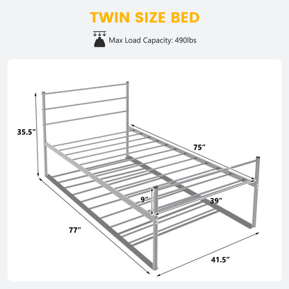 Modern Twin Size Metal Platform Bed Frame with Stylish Headboard – Silver