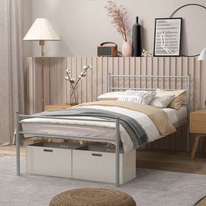 Modern Twin Size Metal Platform Bed Frame with Stylish Headboard – Silver