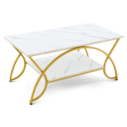 Modern 2 Tier Faux Marble Coffee Table with Metal Frame – White & Gold