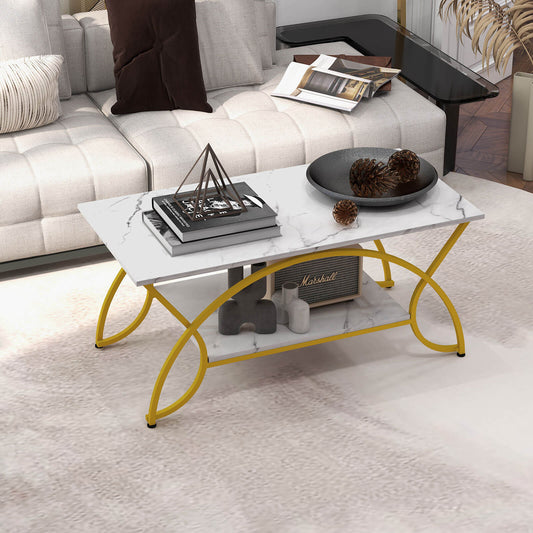 Modern 2 Tier Faux Marble Coffee Table with Metal Frame – White & Gold