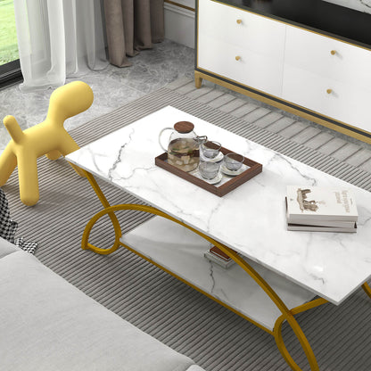 Modern 2 Tier Faux Marble Coffee Table with Metal Frame – White & Gold