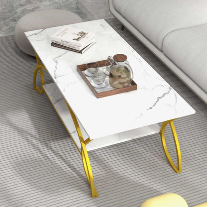 Modern 2 Tier Faux Marble Coffee Table with Metal Frame – White & Gold