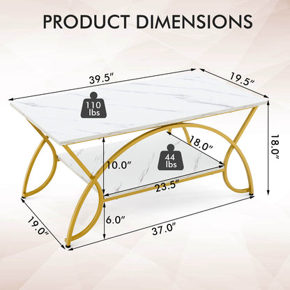Modern 2 Tier Faux Marble Coffee Table with Metal Frame – White & Gold