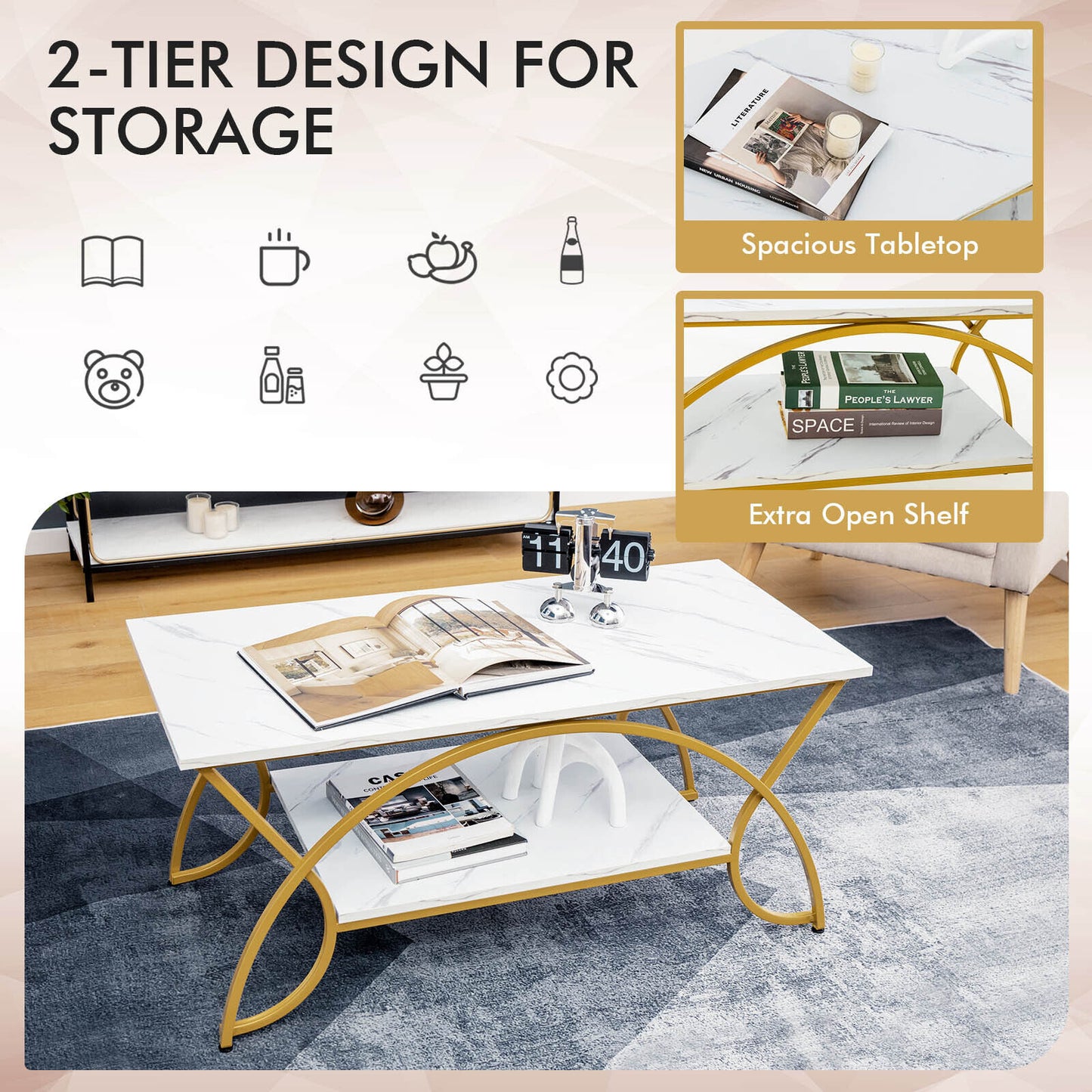 Modern 2 Tier Faux Marble Coffee Table with Metal Frame – White & Gold