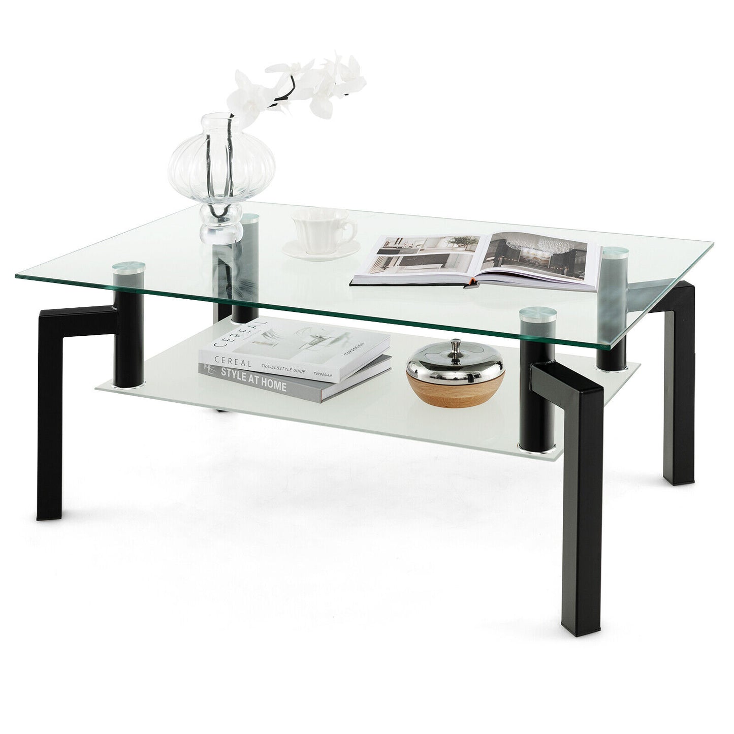 Modern 2 Tier Glass Coffee Table with Black Metal Legs and Storage Shelf