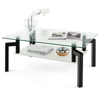 Modern 2 Tier Glass Coffee Table with Black Metal Legs and Storage Shelf