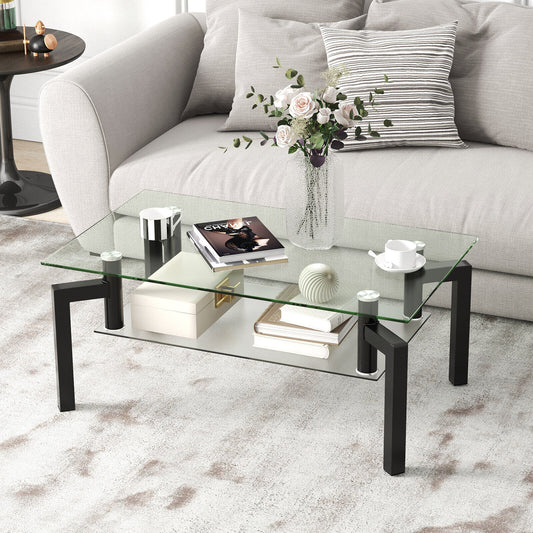 Modern 2 Tier Glass Coffee Table with Black Metal Legs and Storage Shelf