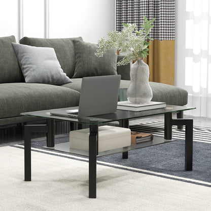 Modern 2 Tier Glass Coffee Table with Black Metal Legs and Storage Shelf