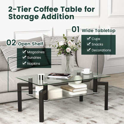 Modern 2 Tier Glass Coffee Table with Black Metal Legs and Storage Shelf