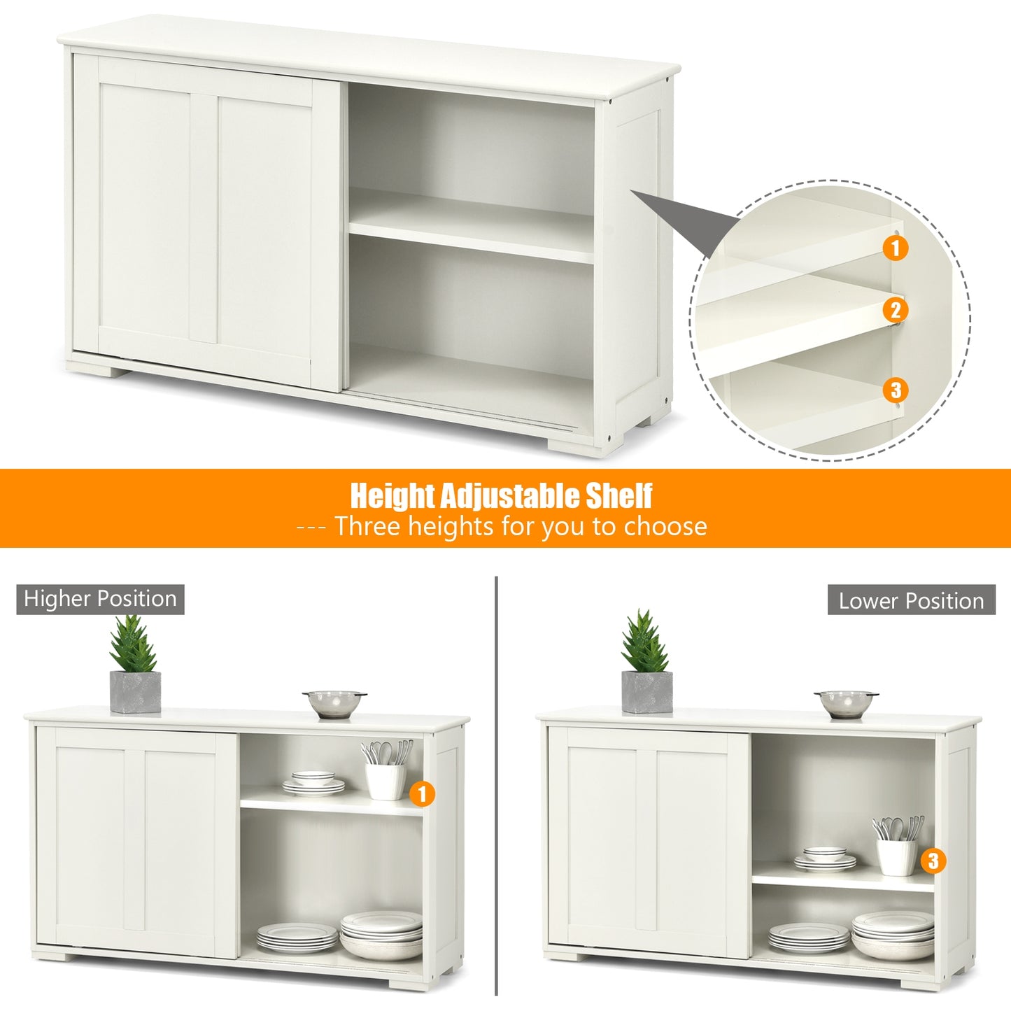 Stackable Kitchen Sideboard Cabinet with Adjustable Shelf for Pantry Dining or Entryway Storage in White