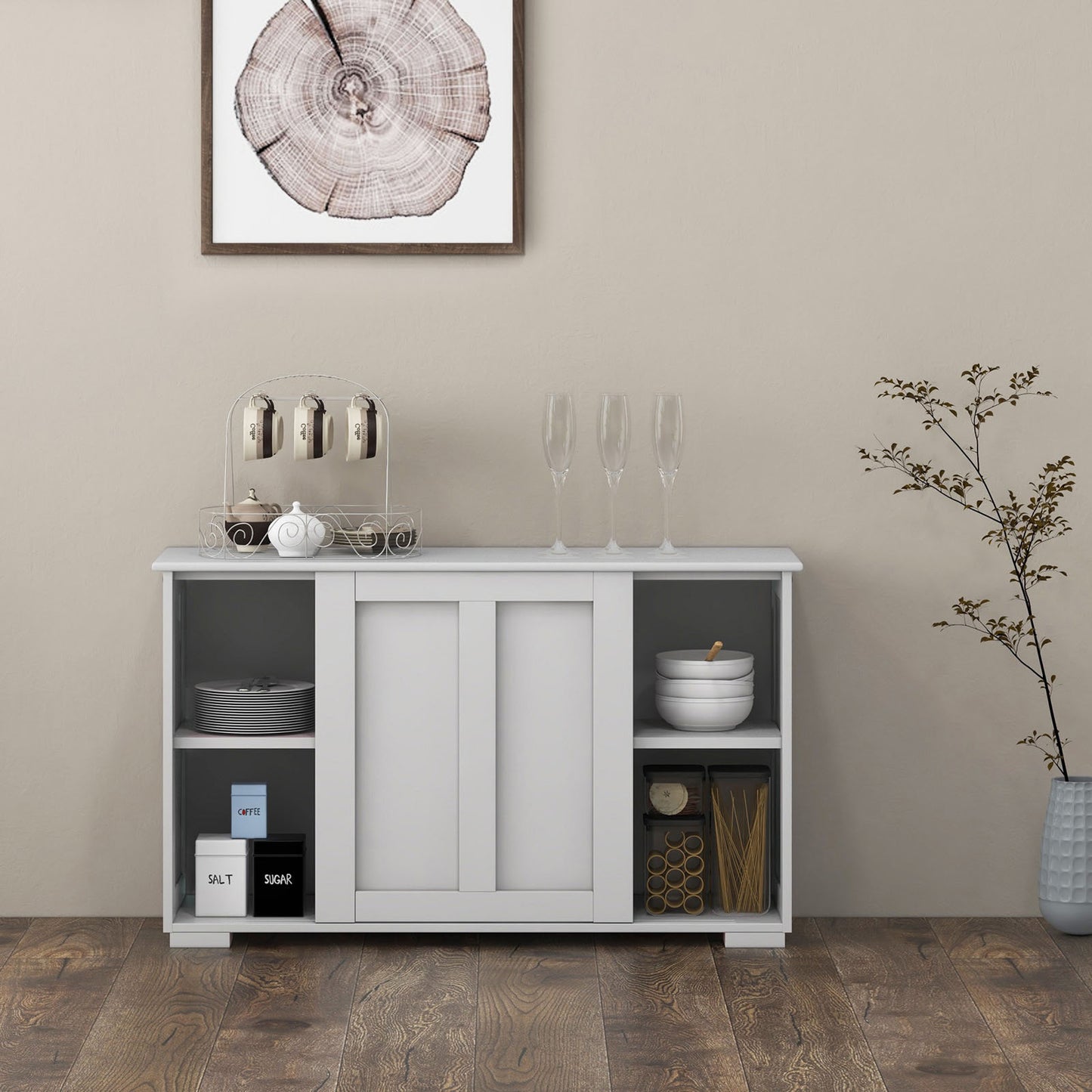 Stackable Kitchen Sideboard Cabinet with Adjustable Shelf for Pantry Dining or Entryway Storage in White