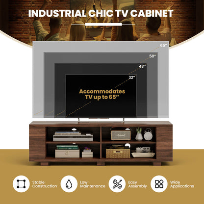 Modern 59 Inch Media Console with Adjustable Open Shelves for TVs up to 65 Inches in Walnut